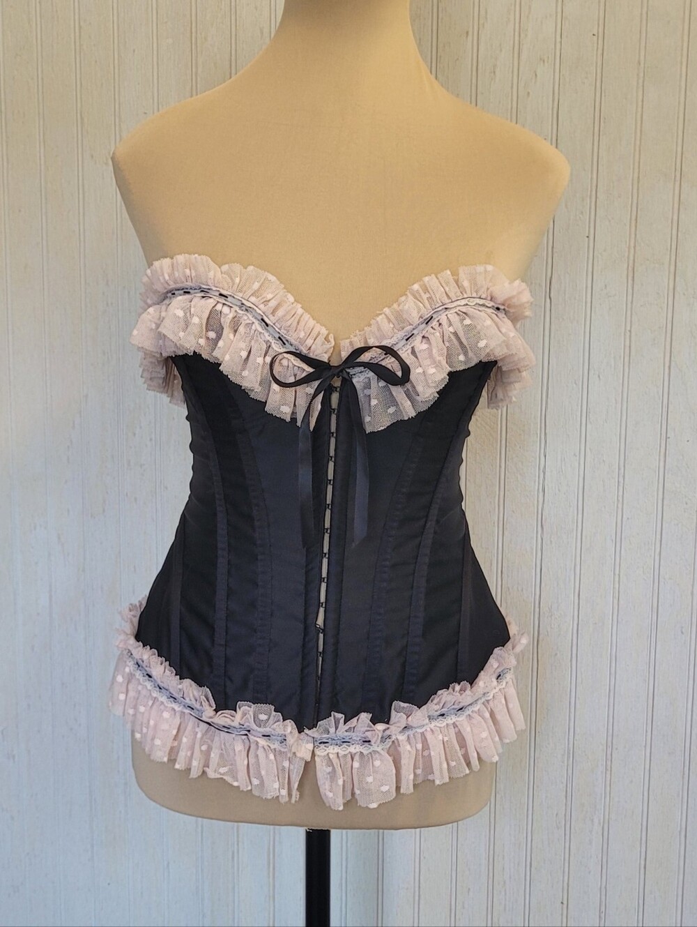 Vintage Victoria's Secret Sexy Little Things Black Pink Ruffle Corset Top Size S